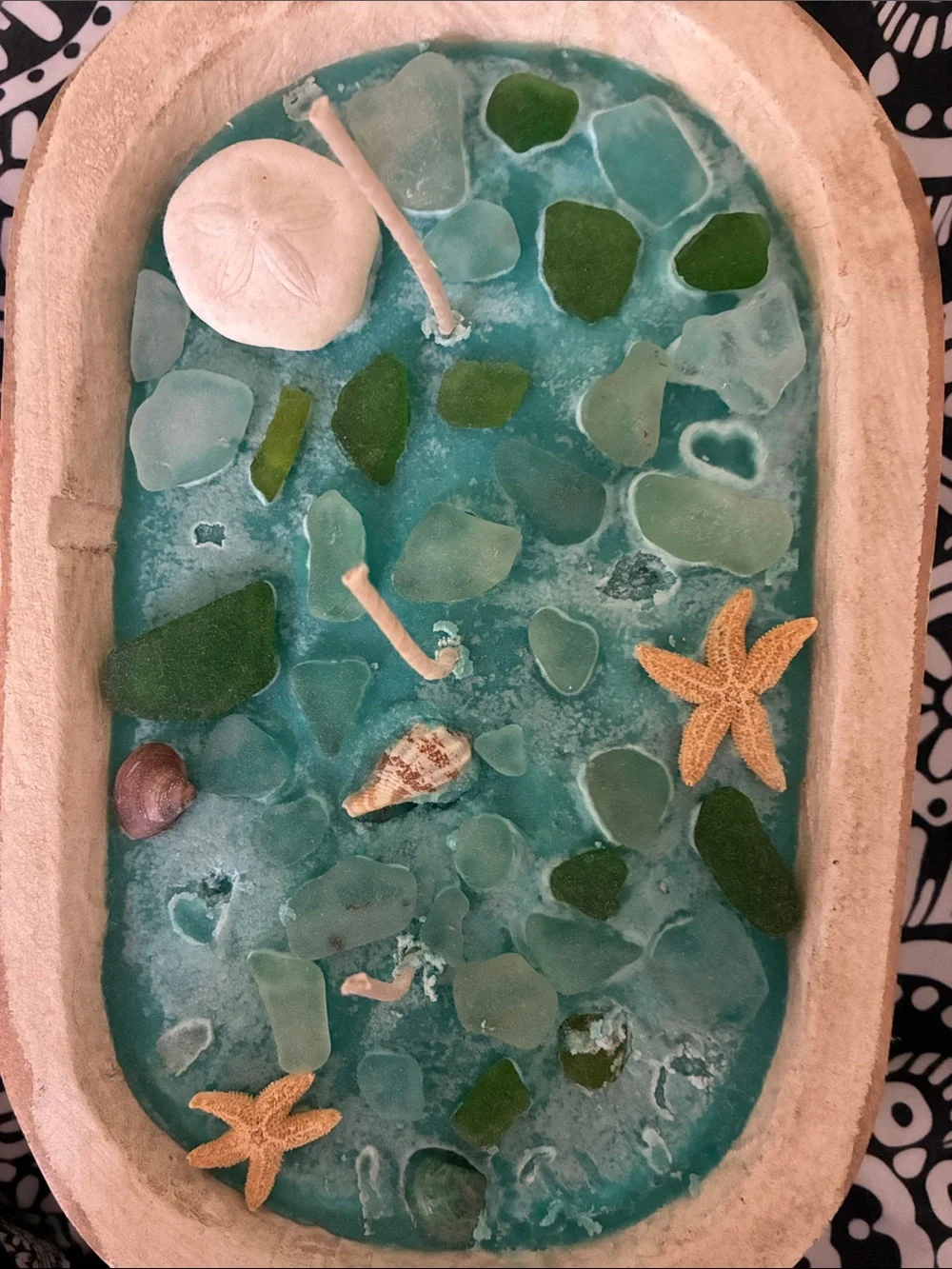 Coastal Blue dough bowl candle with Sea Glass, Starfish, & Shells